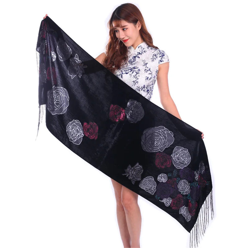 Burnout Velvet Rose Scarves Women Shawl Luxury Daily Dress Accessory Spring Winter Poncho Black Hijab ChristmasGift