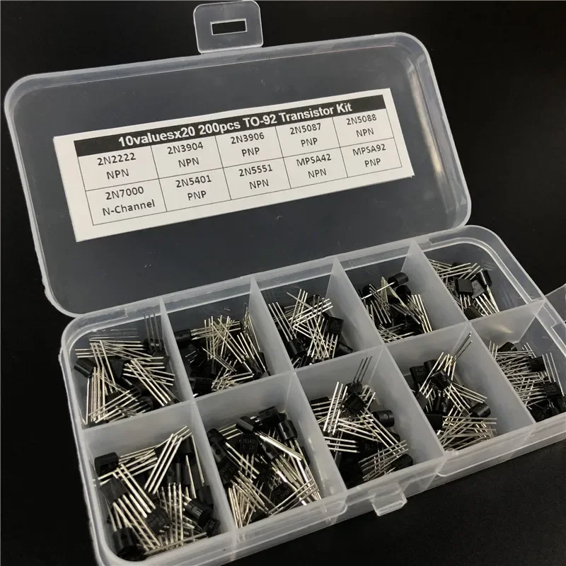 10ValuesX20 200 pezzi TO-92 Kit assortito assortimento transistor 2N2222 2N3904 2N3906 2N5087 2N5088 2N7000 MPSA42 MPSA92 ecc.