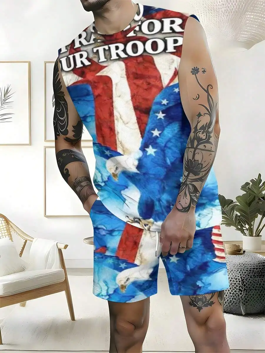 American Flag Eagle Design 2026 European & American Spring Summer Autumn New Style Men's Tank Top And Beach Shorts Set