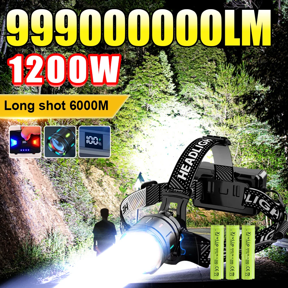2026 NEW 999000000LM High Power Headlamp USB Rechargeable Headlight 1200W LED Head lamp Outdoor Camping Fishing Head Lantern