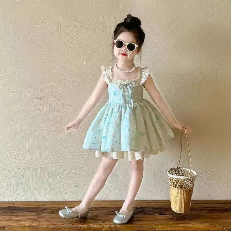 

2026 New Baby Girl Summer Dress Stylish Floral Vest Princess Style Children's Clothing 2 4 6 7 Y