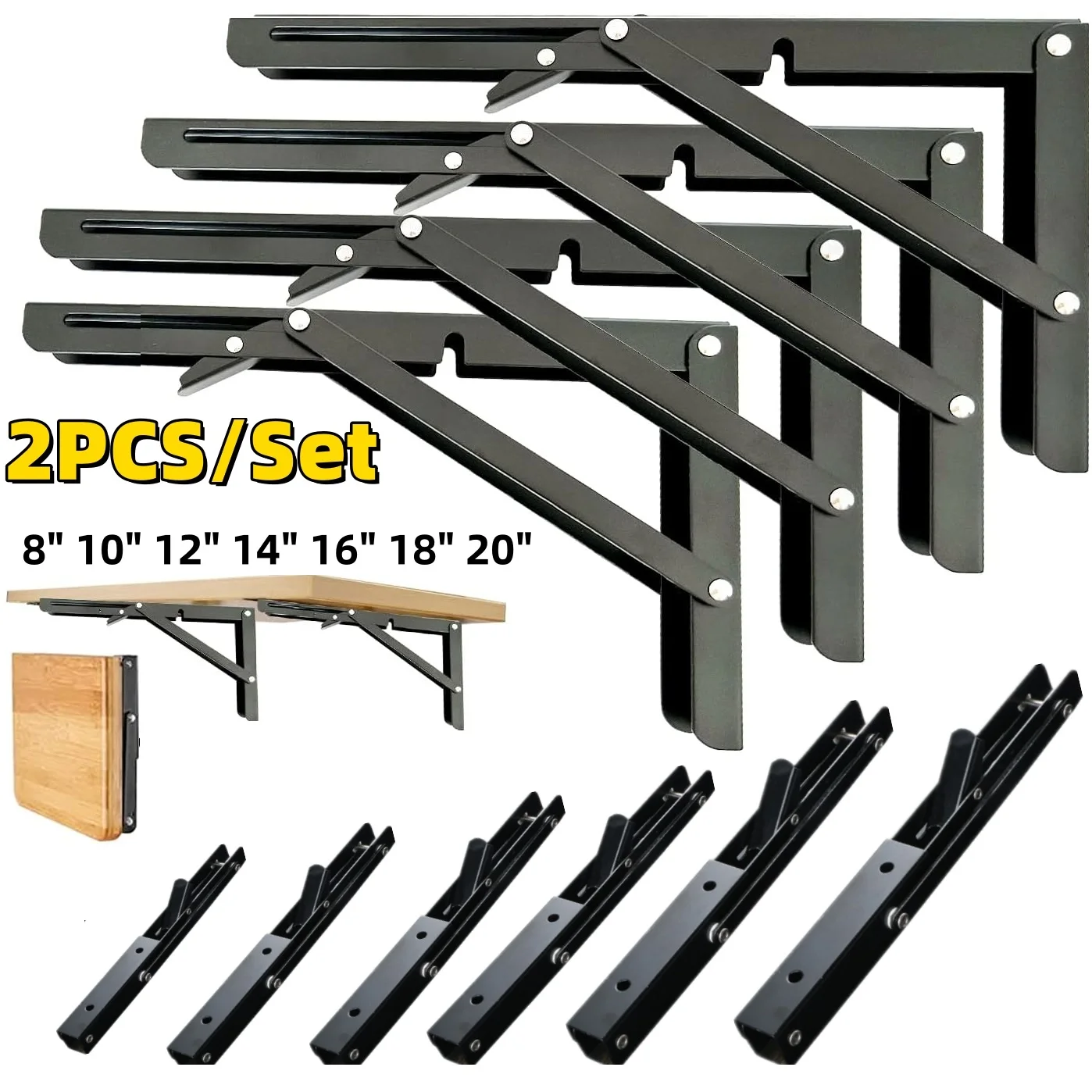 2PCS Heavy Duty Triangle Folding Angle Shelf Bracket Stainless Steel Collapsible Shelf Bracket for Table Work Bench Wall Mounted