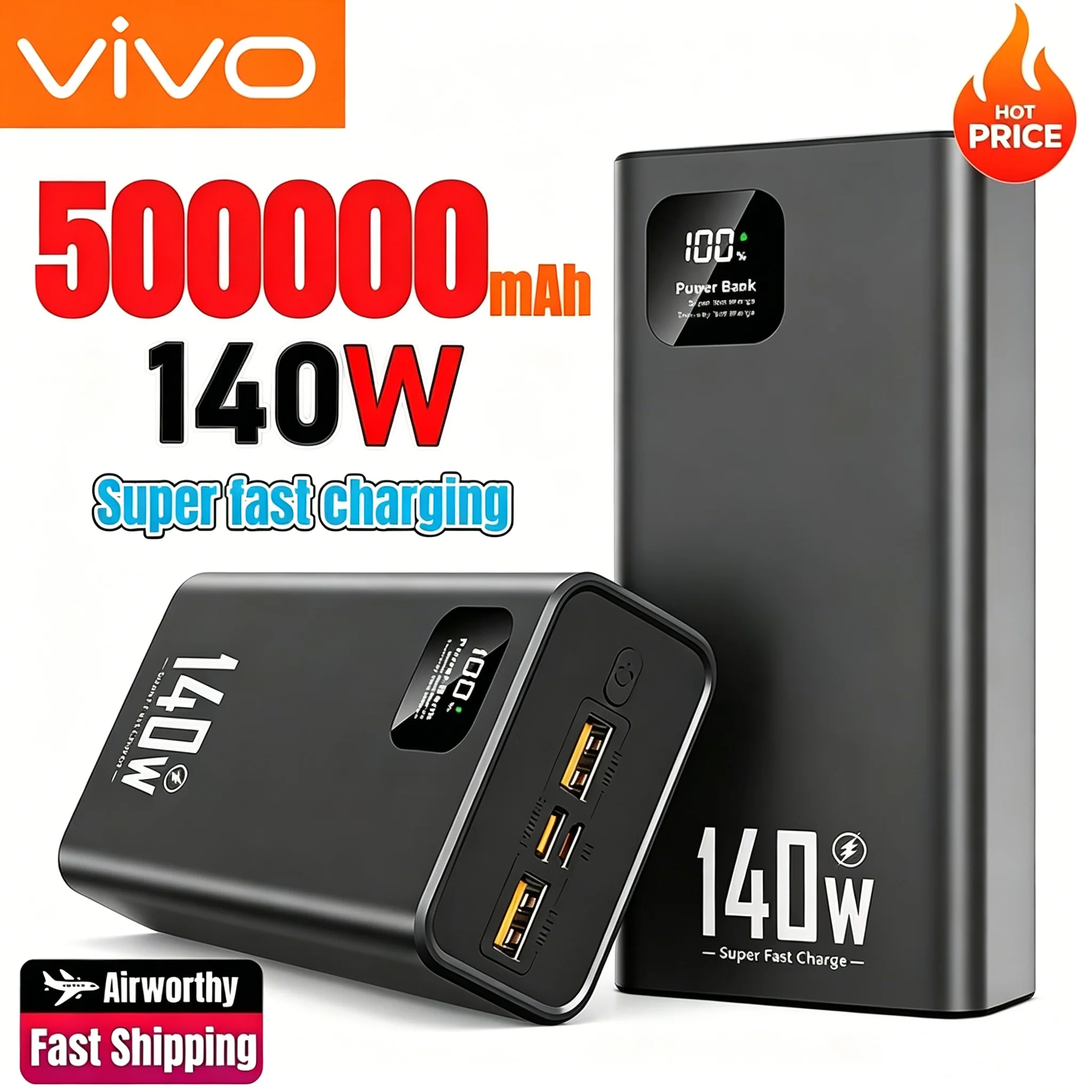 VIVO New 500000mAh Power Bank 140W Super Fast Charging Powerbank Portable External Battery Charger for iPhone Huawei Samsung