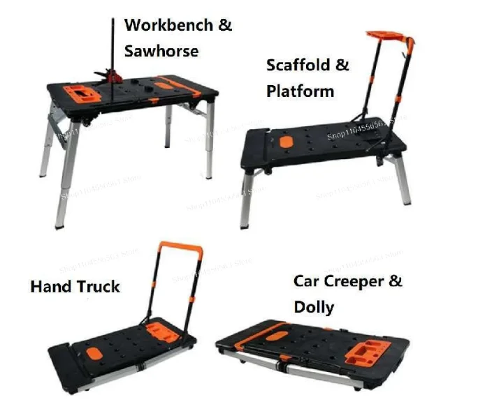 Seven-in-One Multi-functional Workbench DIY Woodworking Table Portable Foldable Handcart With Wheels