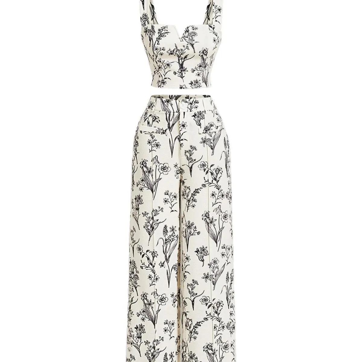 زهرة طباعة السراويل مجموعات النساء أزياء أنيقة أكمام اقتصاص أعلى واسعة الساقين السراويل قطعتين مجموعة الصيف جديد سيدة الدعاوى #5