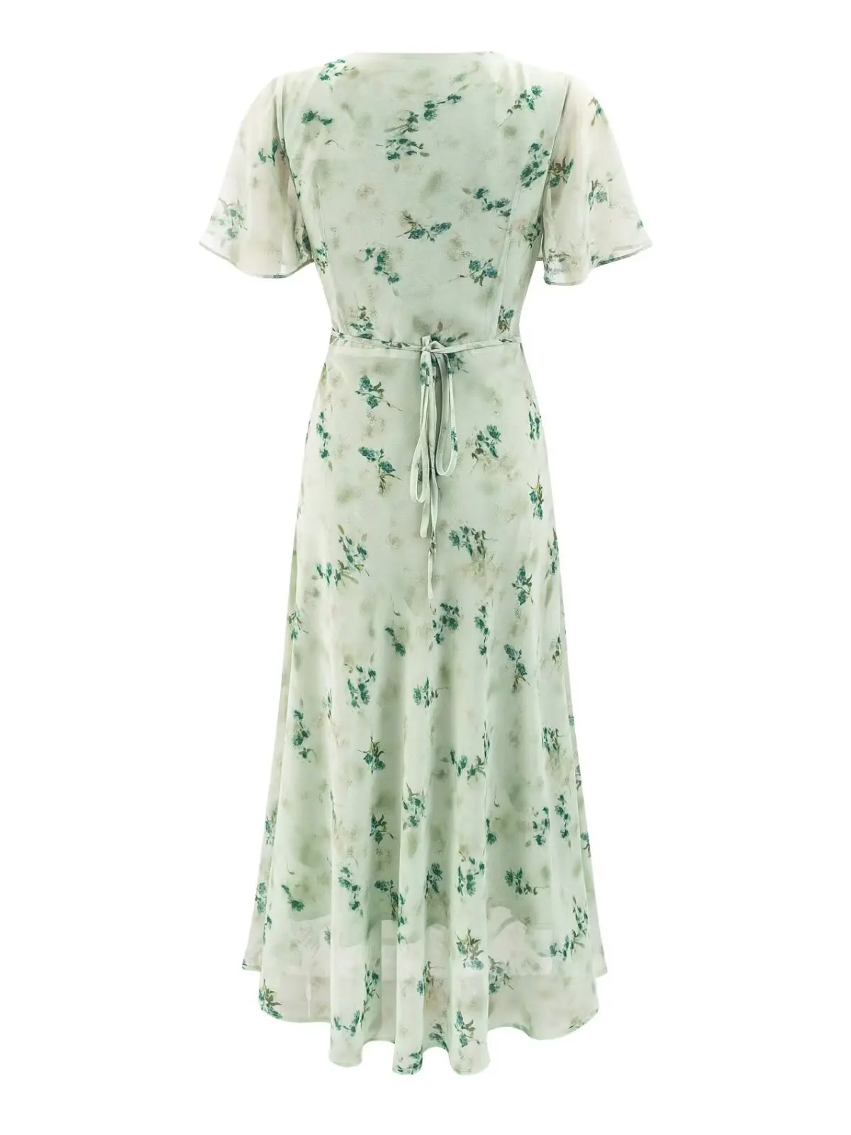 Rustic Style V-Neck Lace Splicing Green Floral Print Short Sleeve Waist-Cinched  Chiffon Dress for Women Casual Wear