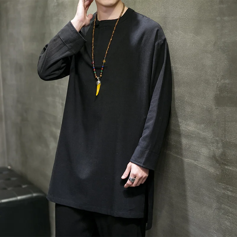 Men's Plus Size Vintage Long Sleeve Pullover Shirt Oversized Mid-Length Casual Top Collarless Clothing Spring Autumn Wear M-5XL