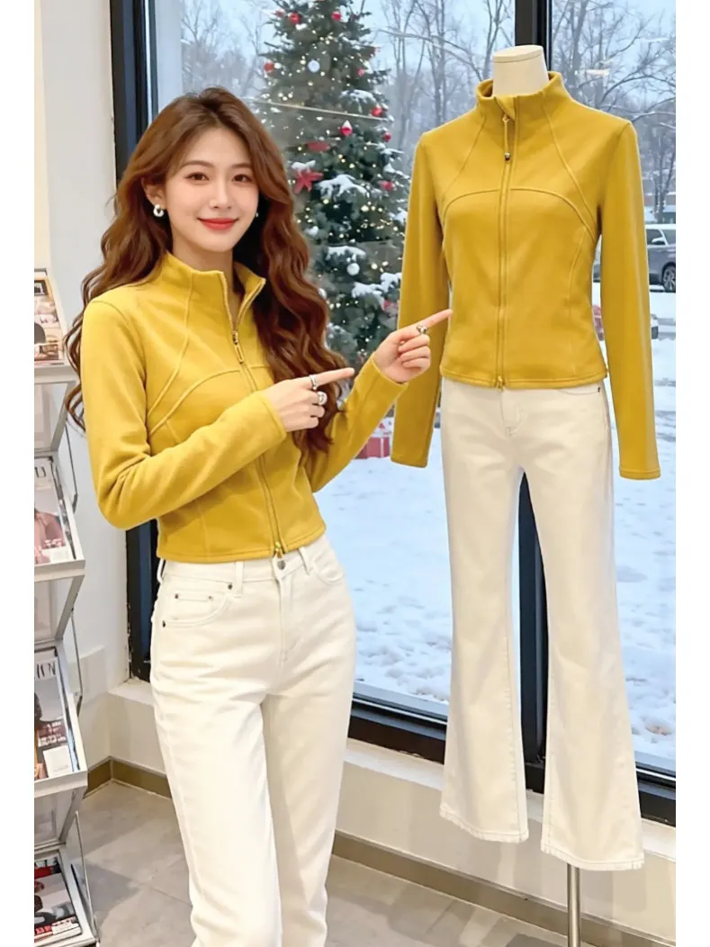 

Yellow Long Sve T-irt Women's Slim Fit Faionable ort Sle Spring Autumn Winter New Arrival Open Cardigan Outerwear