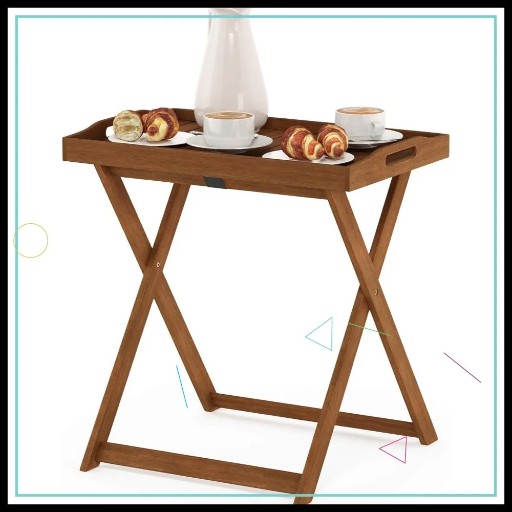 

Large Natural Hardwood Outdoor Tray Table with Slatted Top and X-Brace Frame, Holds 220 lbs