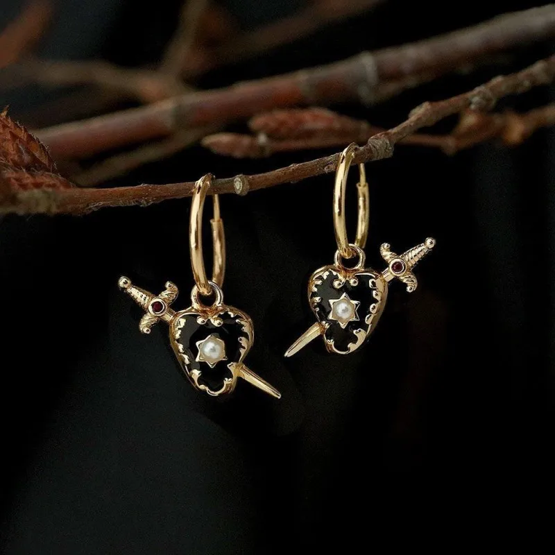 The Middle Ancient Times Style Gold Color Invisible Inlaid Imitation Pearl One Arrow Pierced Through The Heart Earrings