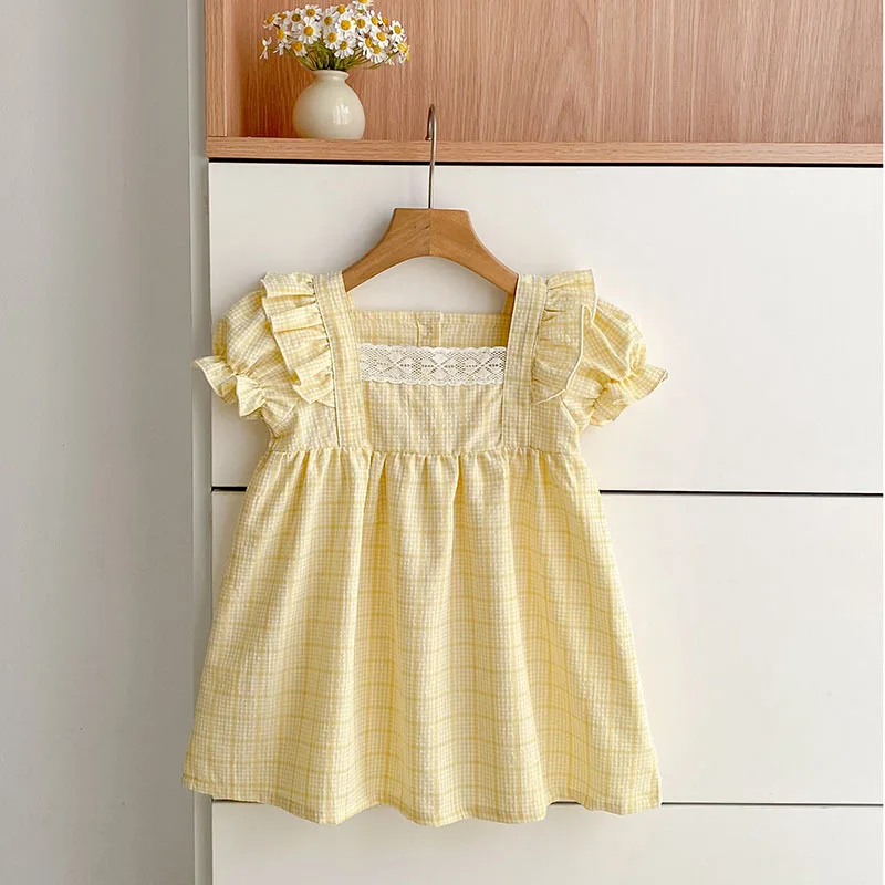 Girls Summer Korean Lace Square Collar Plaid Sweet Princess For Toddler Baby Girls Soft Breathable Casual Daily Party Wear