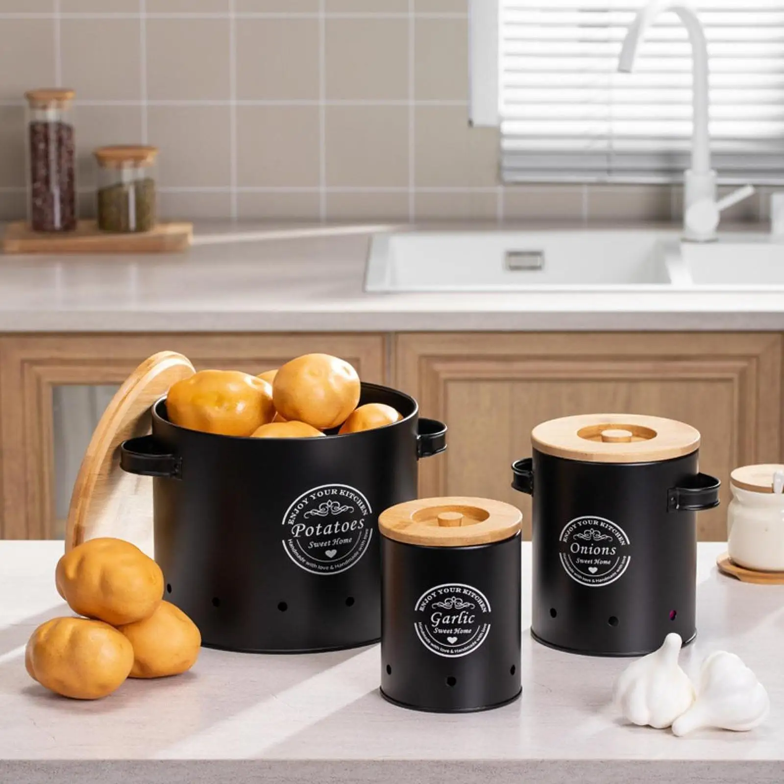 Vegetable Storage Canister with Bamboo Top And Handle for Kitchen