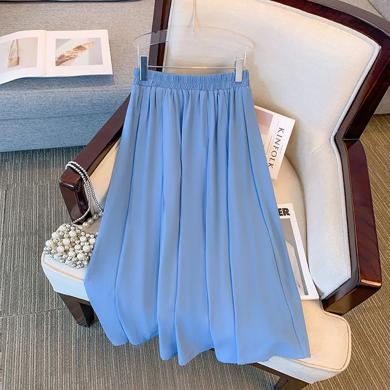 Plus Size 150Kg Women\'s Summer Loose A-Line Pleated Skirt 5XL 6XL 7XL 8XL 9XL High Waist Temperament Skirt Blue Apricot Large