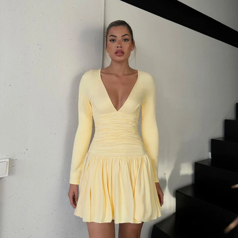 Gelb Geraffte Langarm Kurzes Kleid Neue Herbst Slim Fit V-ausschnitt EINE Linie Kleid Dame Verstido Frauen Mode Hohe Taille Party kleid