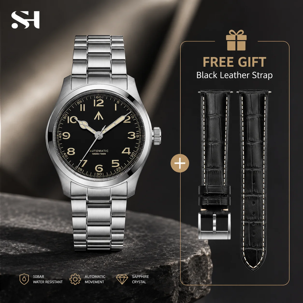 SEA HORIZON SH12 Men's Automatic Field Watch PT5004 38mm 316L Stainless Steel Sapphire Crystal Luminous Dial 100M Waterproof