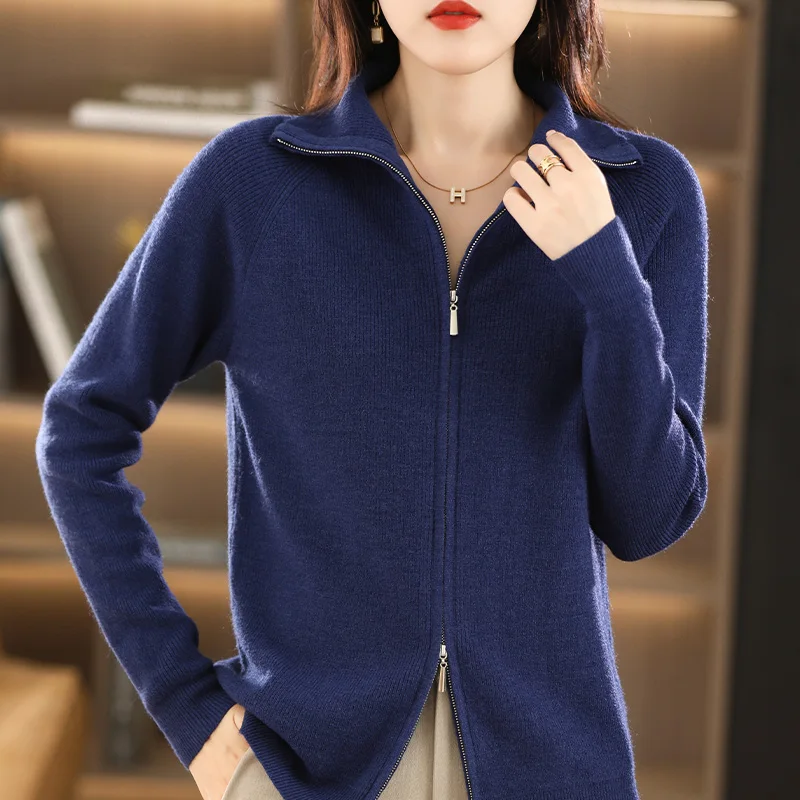 Autumn Winter New Women Wool Sweater Clothing Double Zipper Lower Lapel Cardigan Fashion Female Casual Knitted Tops Soft Jacket