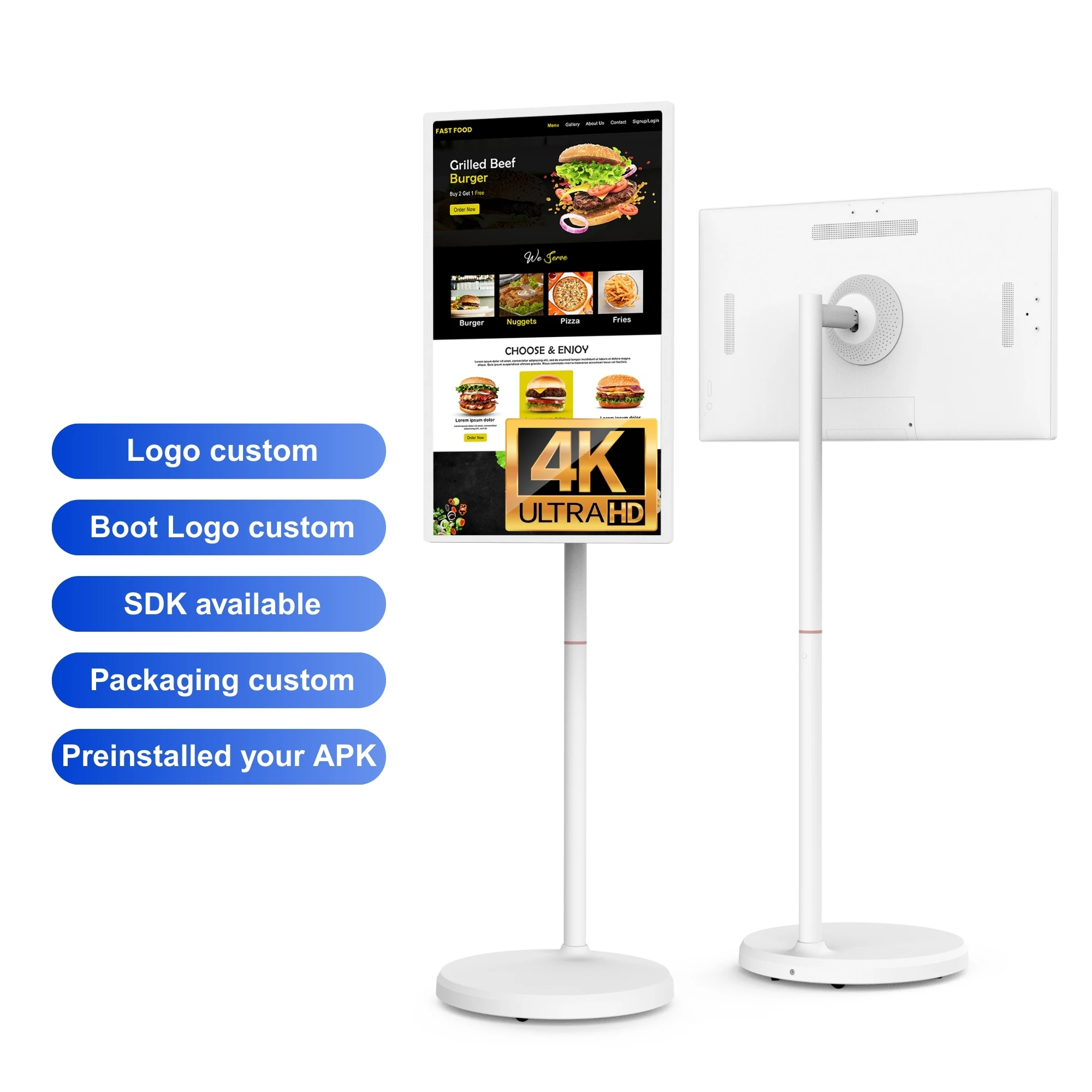 

32-Inch 4K FHD LCD Wireless Touch Screen Monitor Android13 8+128GB Portable Rotating Digital Signage Display for Restaurant Menu
