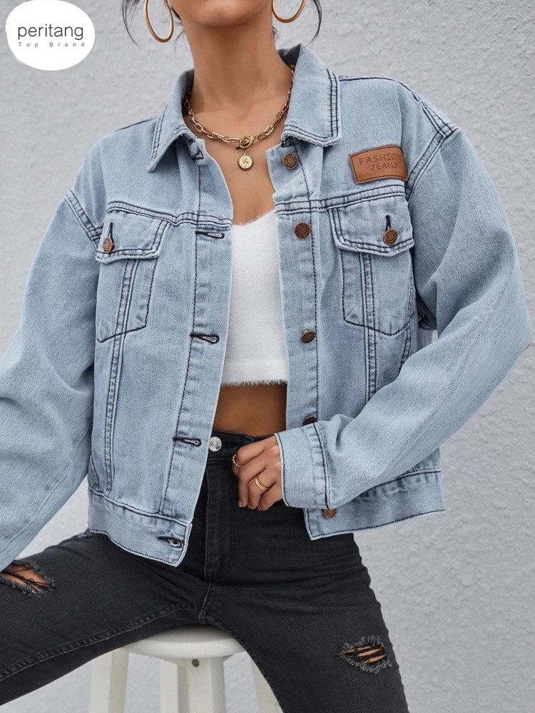 Flap Pocket Patched Button Up Denim Jacket Women Jean Jacket Casual Slim Long Sleeve Denim Coat oversize Denim Jacket