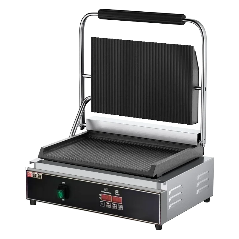 Panggangan Tekan Panini Elektrik Profesional 220V untuk Sandwich Steak dengan Pelat Pemanas Alur Penuh Penggunaan Komersial IKLAN