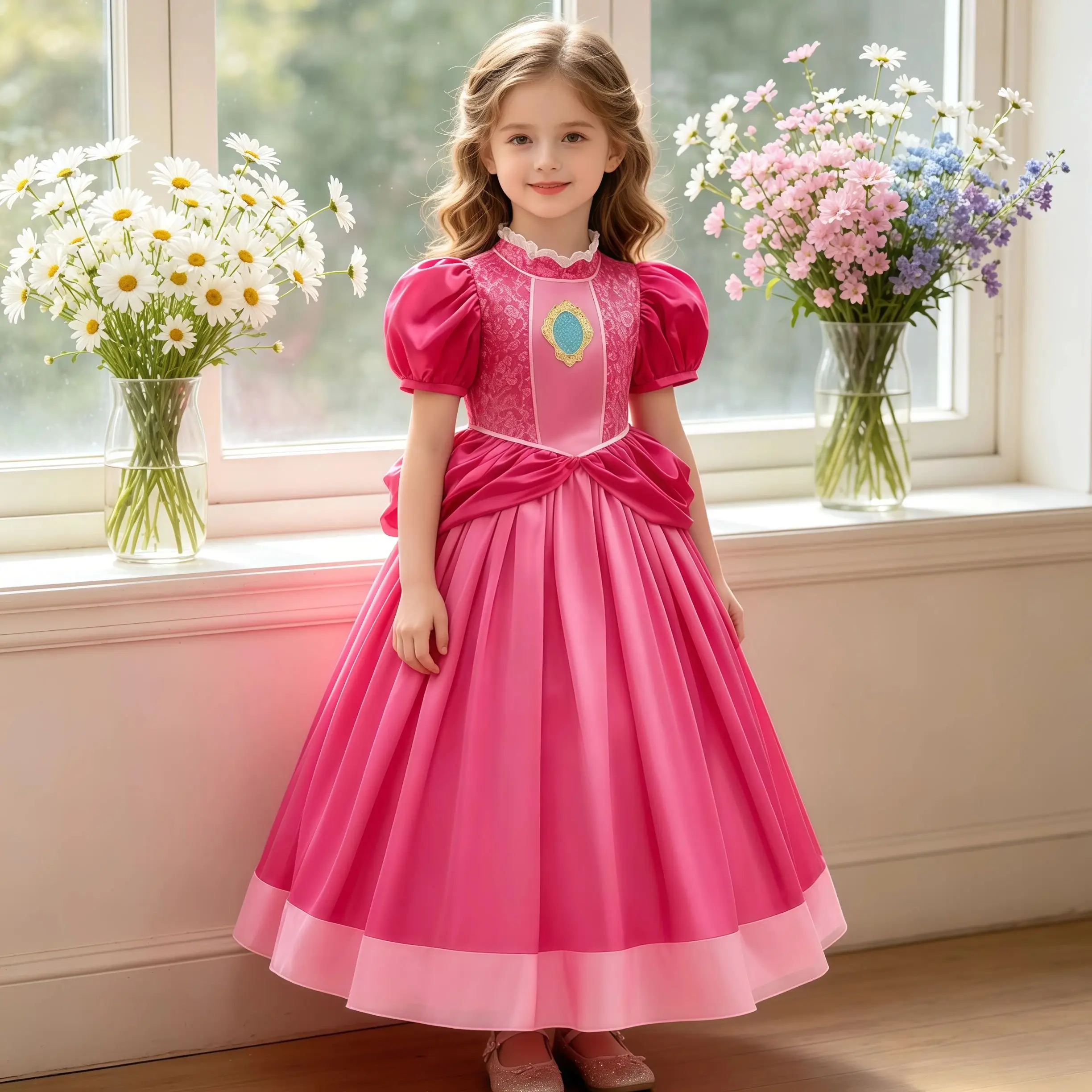 Plumber Bros Vedio Game Movie Girls Peach Dress Up Lace Princess Costume Kids Birthday Fancy Party Cute Pageant Clothing Frock