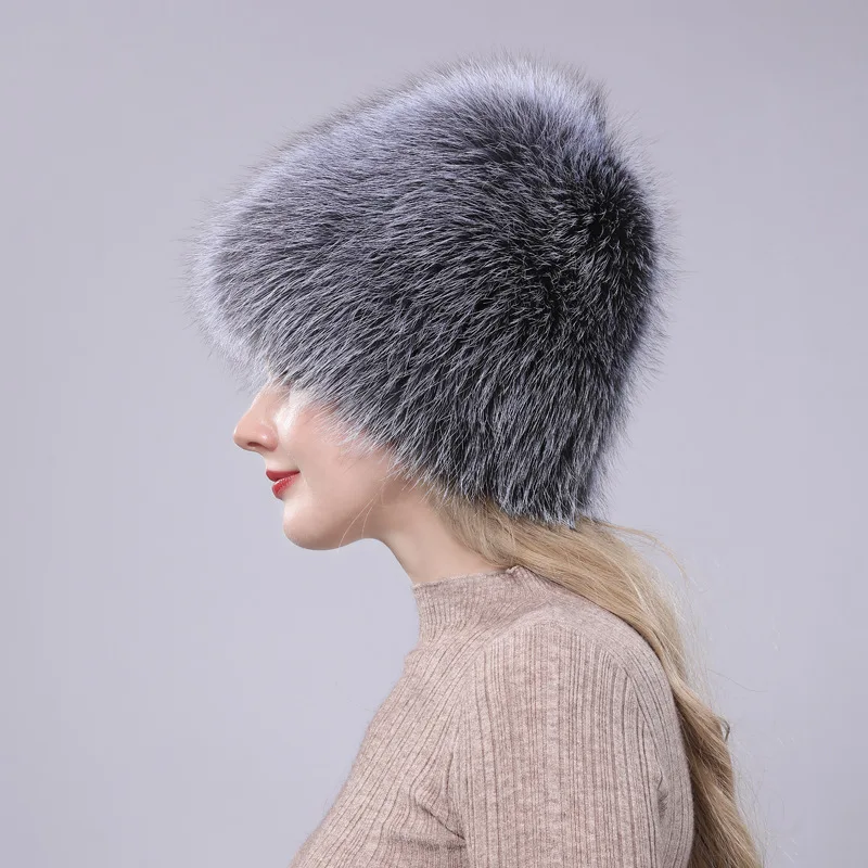 2024 Brand Women Natural Real Fox Fur Hat Winter Real Fox Fur Beanies Caps Handmade Warm Soft Knitted Real Fox Fur Skullies Cap