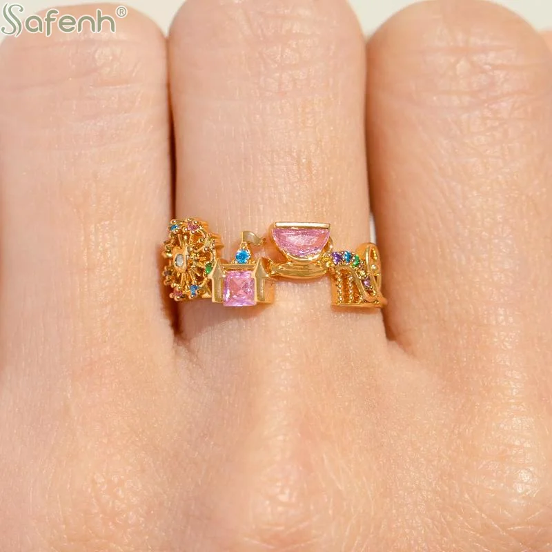 Sweet Design Colored Zircon Ring Inlaid Exquisite Amusement Park Style Gift for Birthday and Party