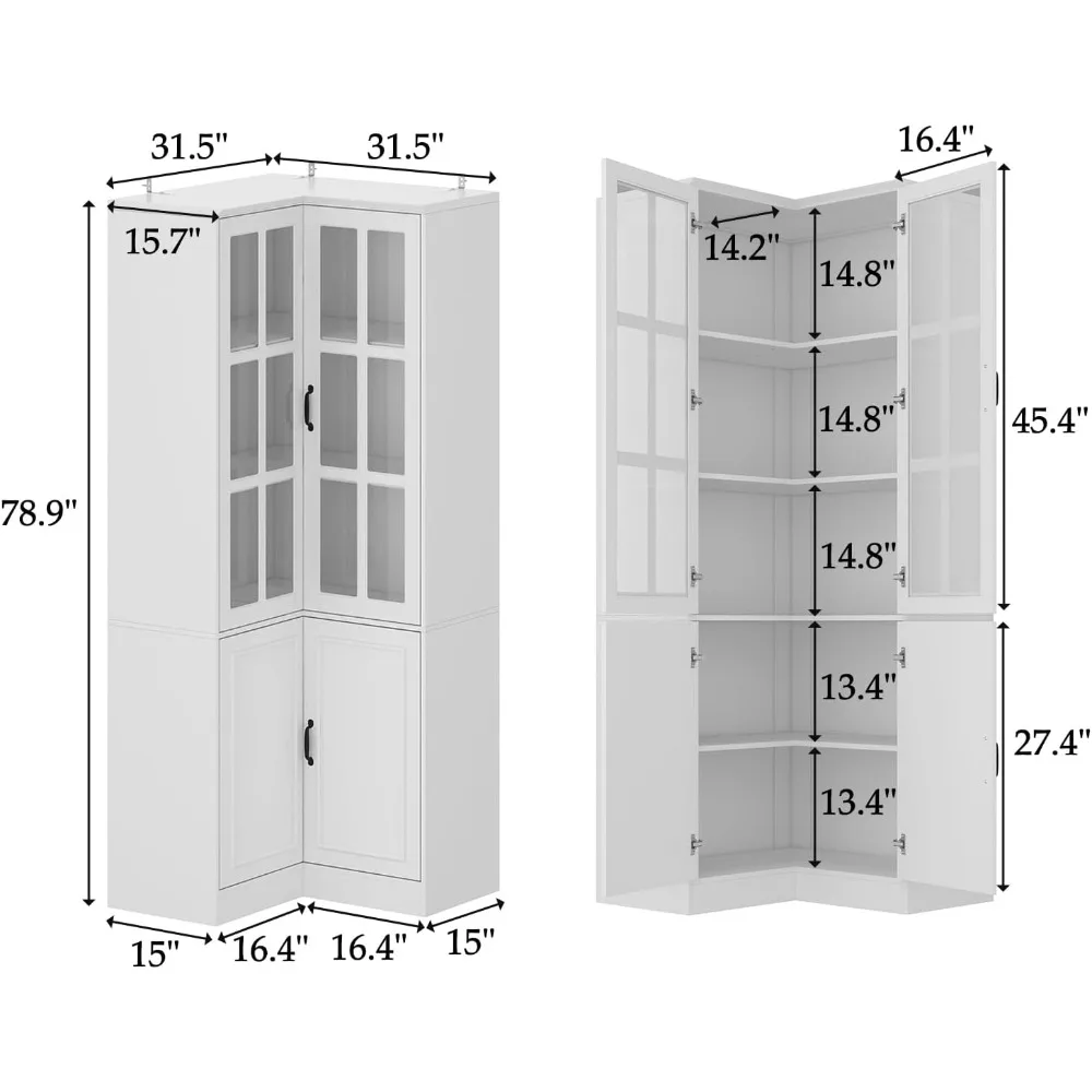 رف كتب بباب زجاجي زاوية، خزانة كتب مكونة من 5 طبقات على شكل حرف L، خزانة تخزين زاوية المطبخ بطول 78.9، تصميم زجاجي مشوي #2
