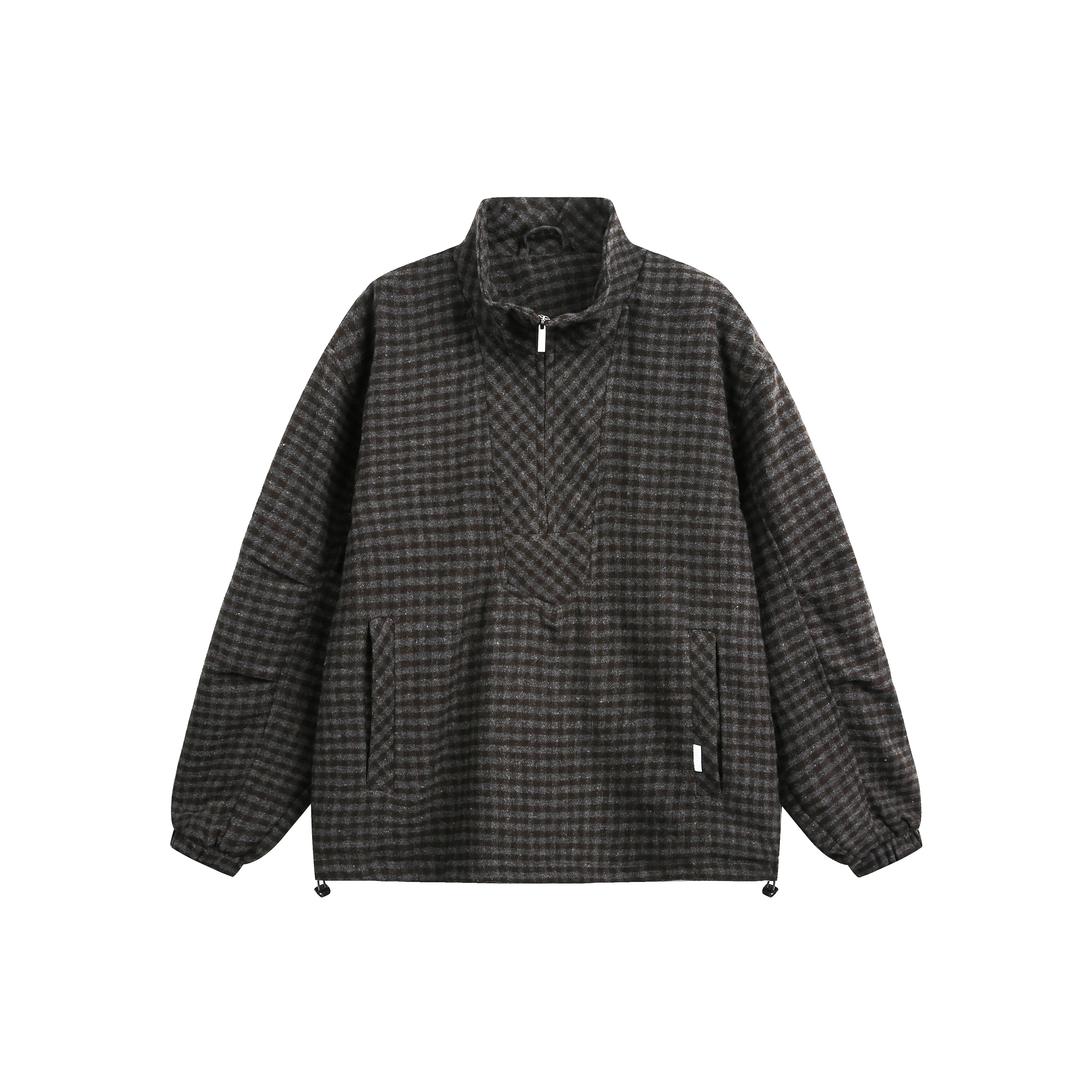 

American-style Vintage Checkered Short Woolen Jacket Unisex Fashion Half-zip Stand Collar Coats
