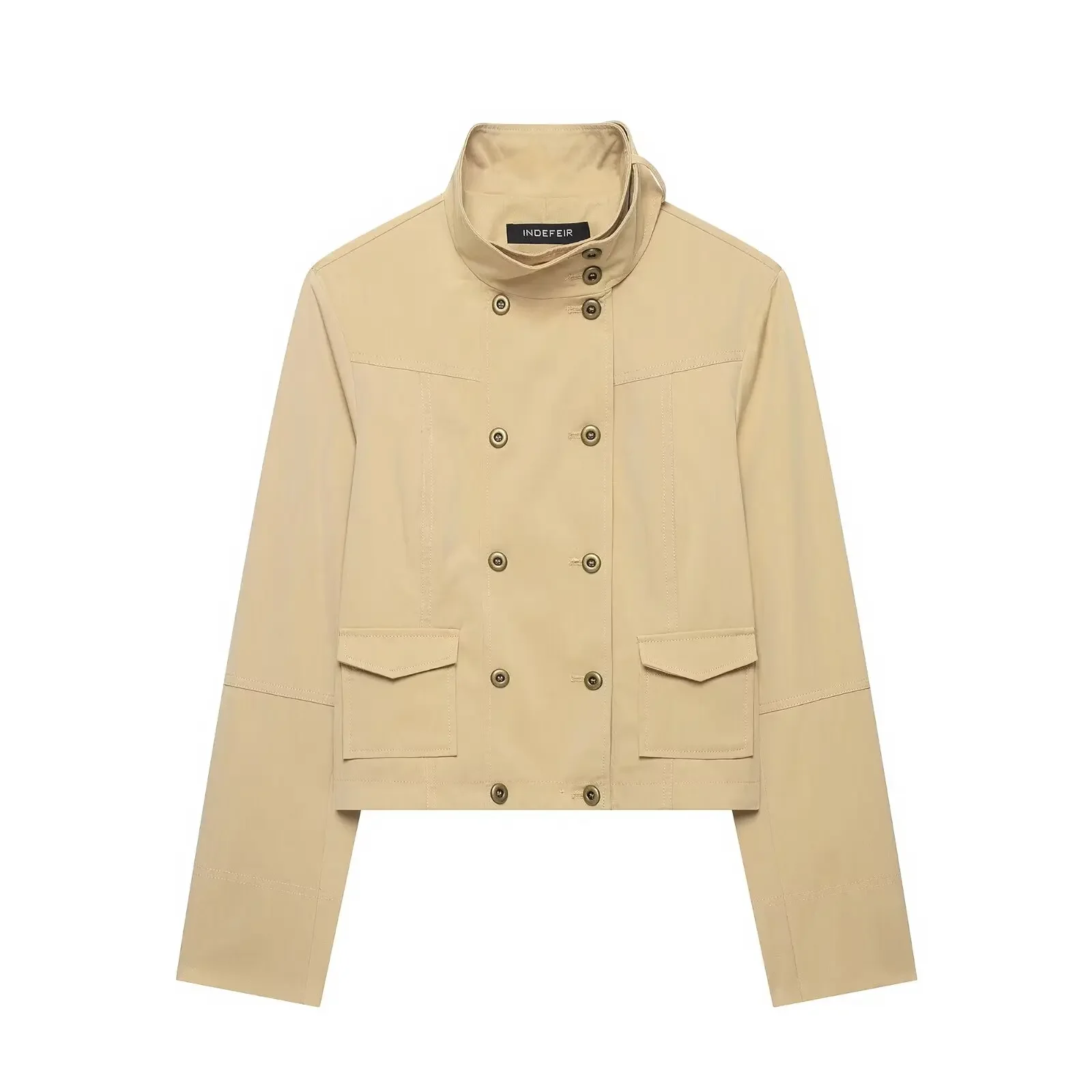 Slim Short Women's Jackets Spring Autumn Female High-Necked Double Row Metal Buckle Casual Coats Lady Chic Street Jackets Tops