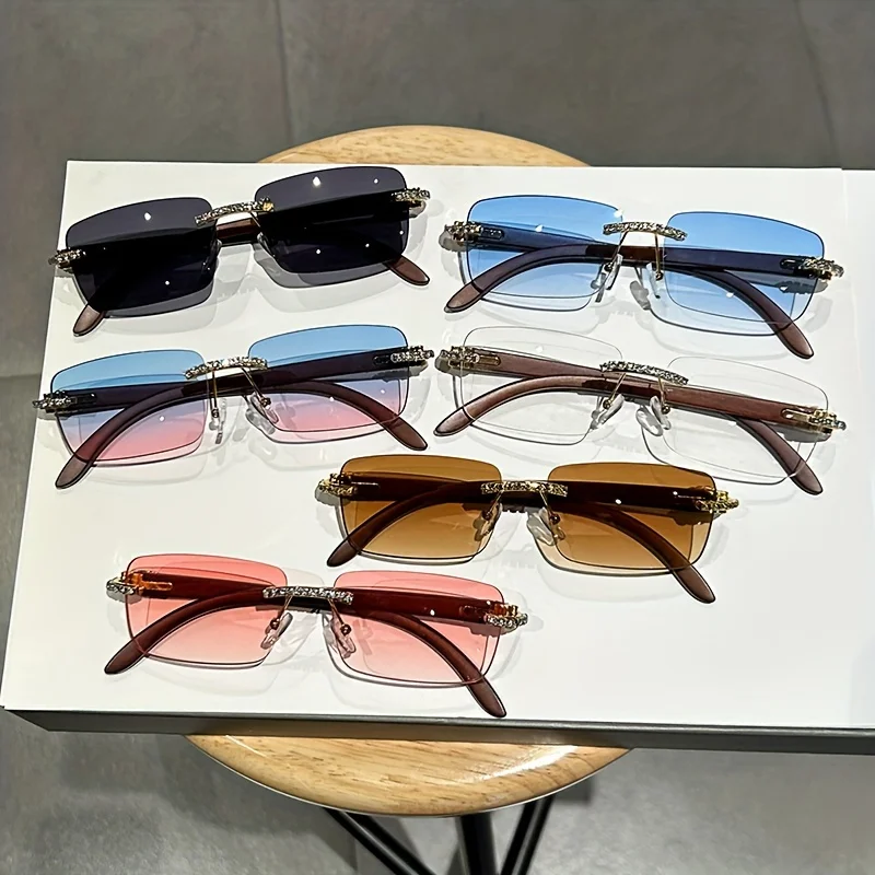 Square Rimless Fashion Sunglasses For Men Women Rhinestone Luxury Glasses Fashion Shades Travel Outdoor Small Eyewear