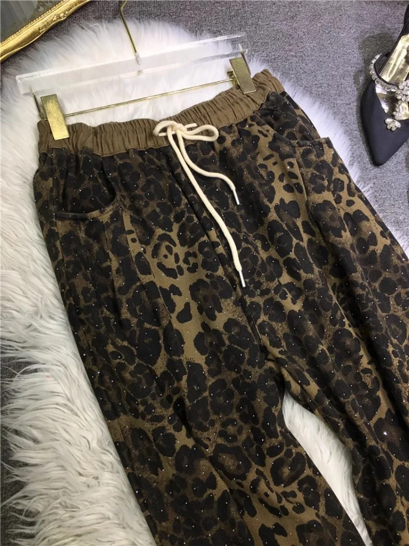 Diamond Drills Harlan Pants Women's Elastic Waist Oversize Tied Feet Casual Sweatpants Light Luxury Leopard Print Autumn Trouser