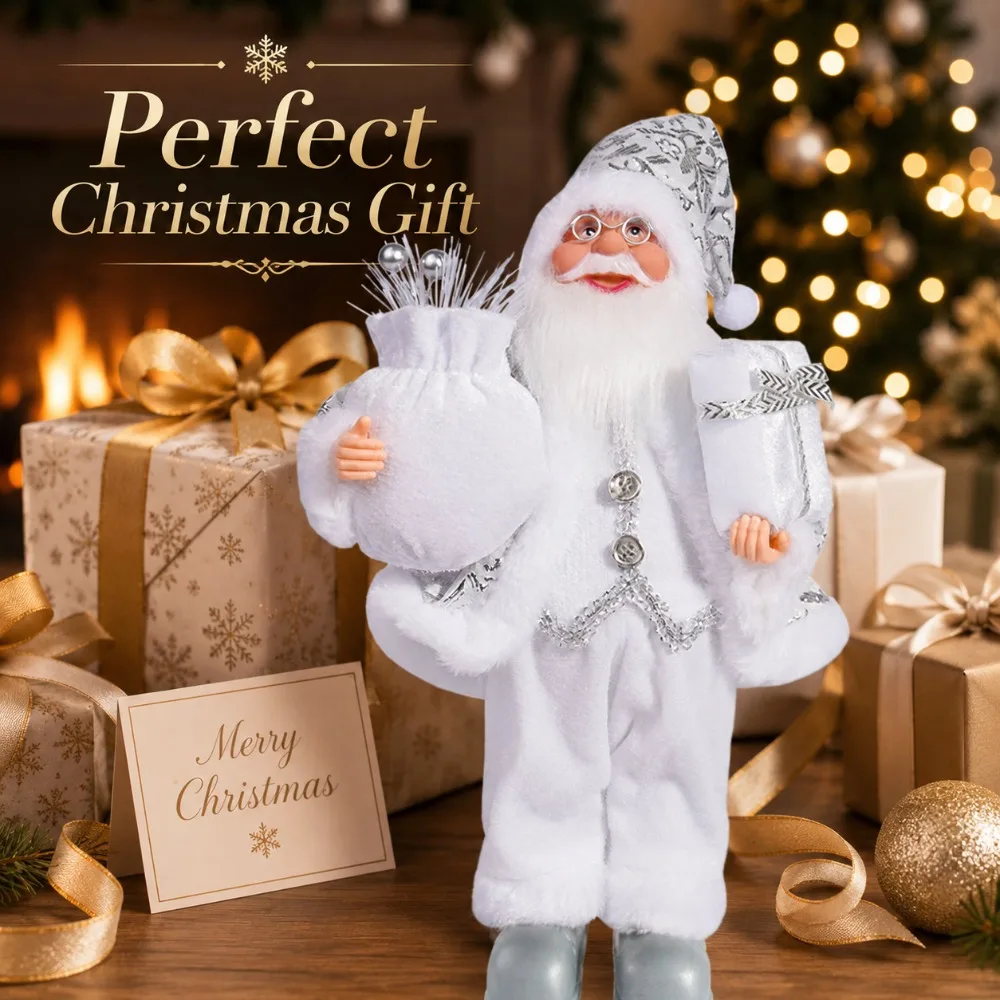 Luxury-lite silver-colored Santa Claus. Christmas decorations. 32cm standing white-bearded glasses-wearing old man. Very suitabl