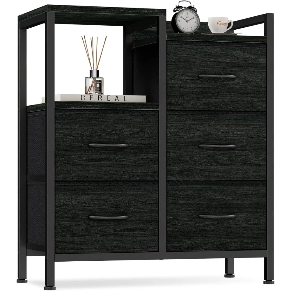 

Modern Black 5-Drawer Dresser with 2-Tier Shelf for Bedroom and Closet Storage, Fabric and Metal Frame Design