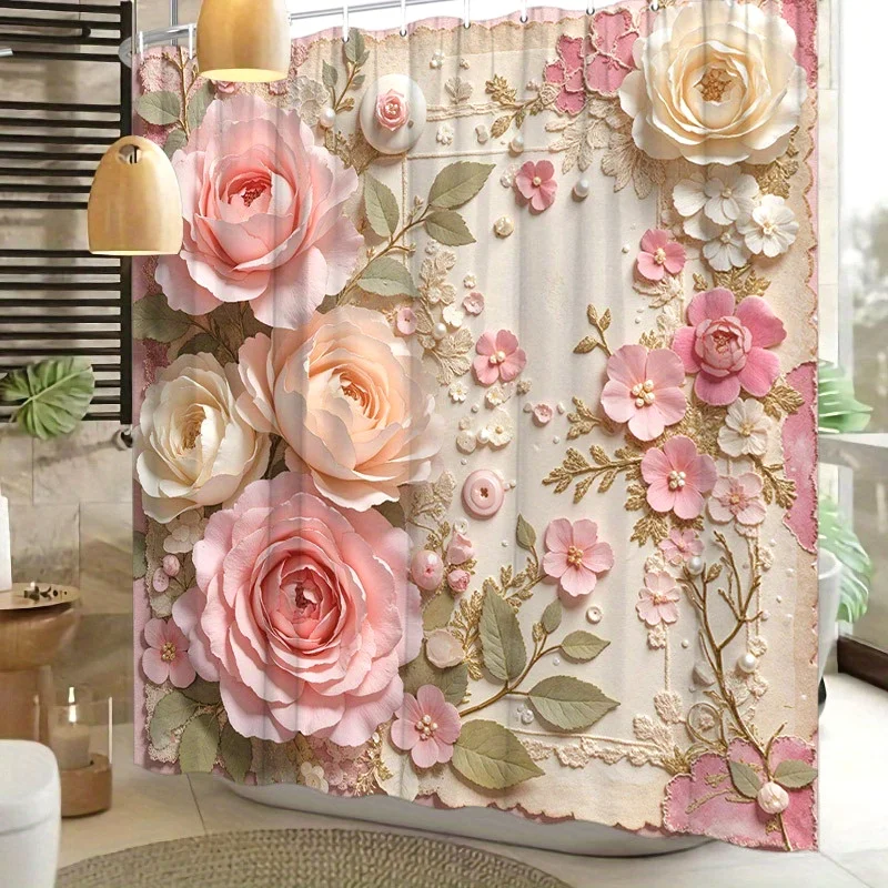 

1pc Vintage Floral Shower Curtain, Polyester Woven Fabric with Pink and Beige Roses Lace Design, Romantic Bathroom Decor, Washab