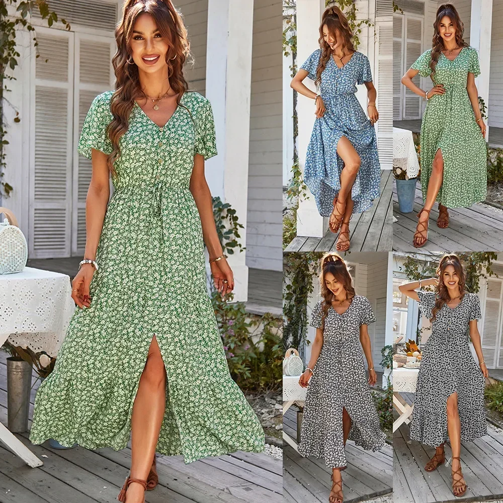 Vintage Blumen kleider für Frauen elegant lose neue Schlitz Kleid Sommer Strand Urlaub Freizeit lange Kleider hohe Taille drucken Vestido