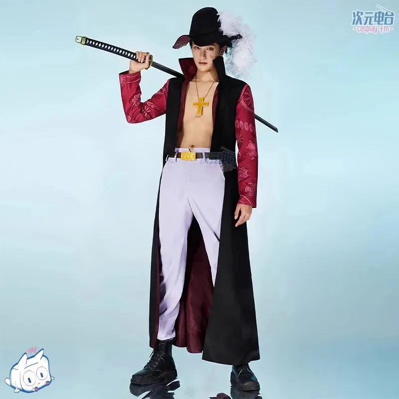 Anime Dracule Mihawk Cosplay Costume Cloak Trench Coat Pants Uniform With Hat Necklace Belt Halloween Carnival Party Clothe Prop