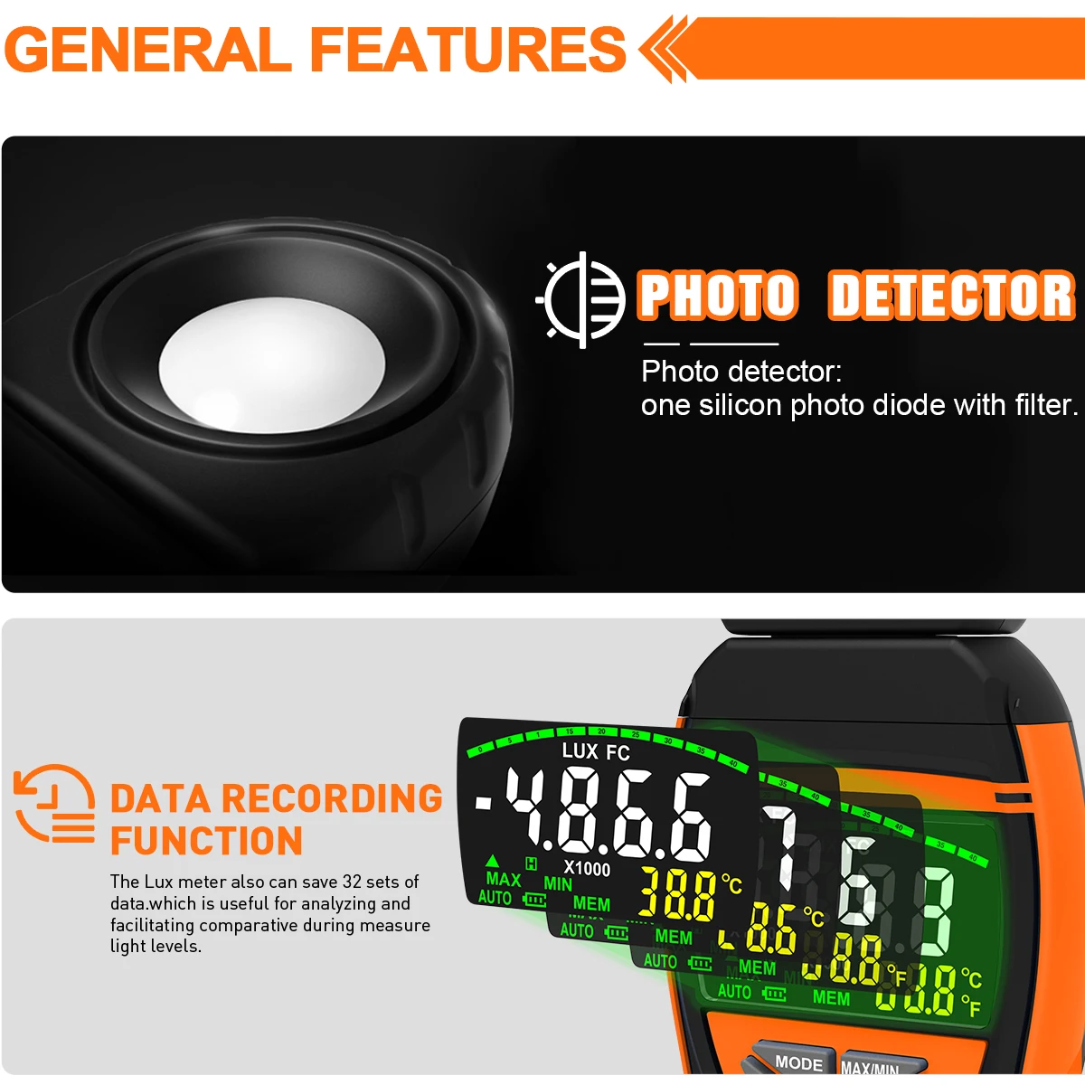 Digital Luxmeter Portable Photometer Light Meter 0.1~400,000 Lux with Data Hold, 270° Rotating Detector with LCD Display