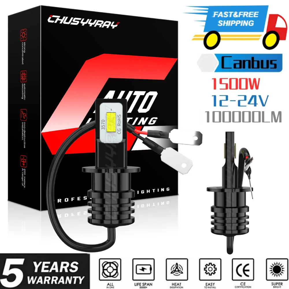 H3 LED Headlight Bulbs Auto Grade LED CSP Chips Canbus 6000K 100000LM 500% Super Bright White Bulbs 1:1 Same Size Plug & Play