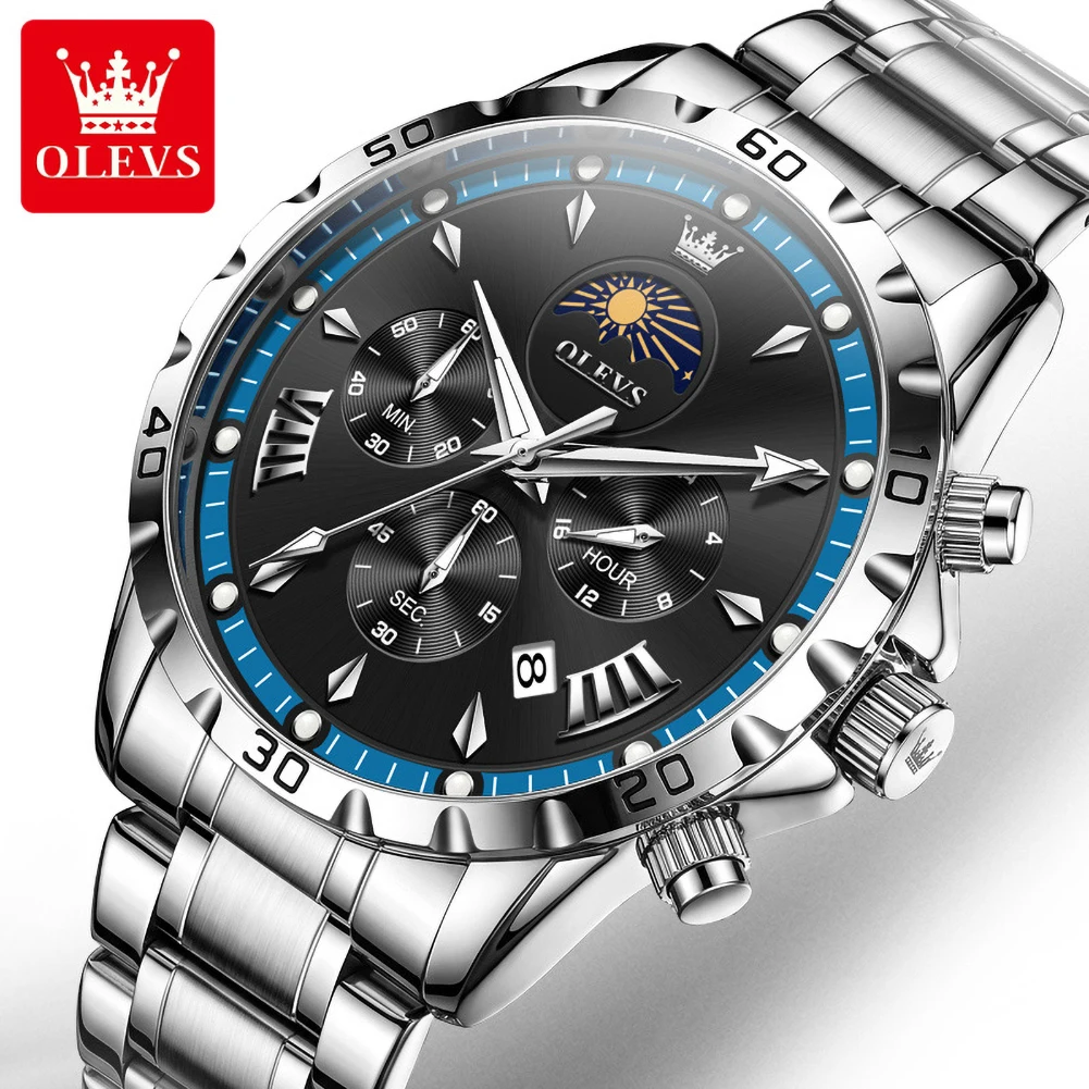 OLEVS 2949 Luxury Men's Watches Original Solid Steel Strap Moon Phase Chronograph Waterproof Multi Function Quartz Watch for Man