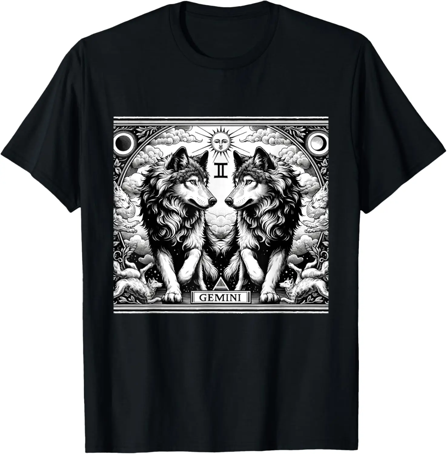 Gemini Wolf, Celestial Zodiac Tarot Astrology Wolves T-Shirt 100% Cotton Trendy Y2K Short-Sleeve Tee-Soft, Quick-Drying,