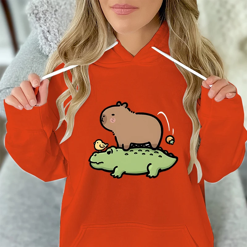 Cute Capybara and Crocodile Graphic Hoodie Women Capybara Sweatshirts Kawaii Cartoon Fashion Hoodies Cartoon Animal Hooded Shirt