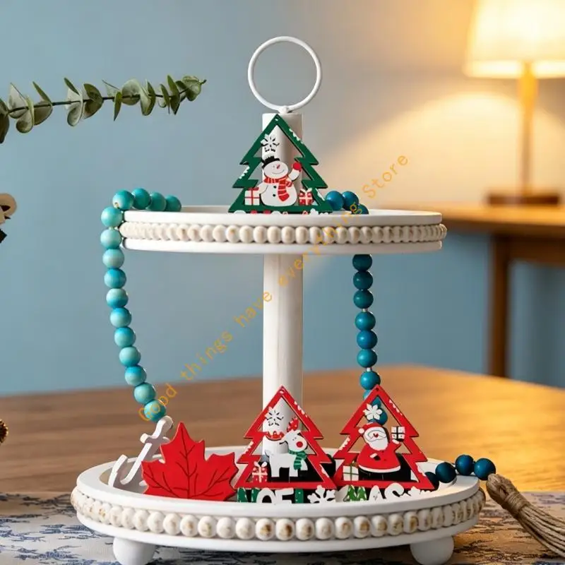 Round Two Level Tray Stand for Jewelry, Keys and Tabletop Display, Wooden Form with Top Handle for Home Storage 55KF
