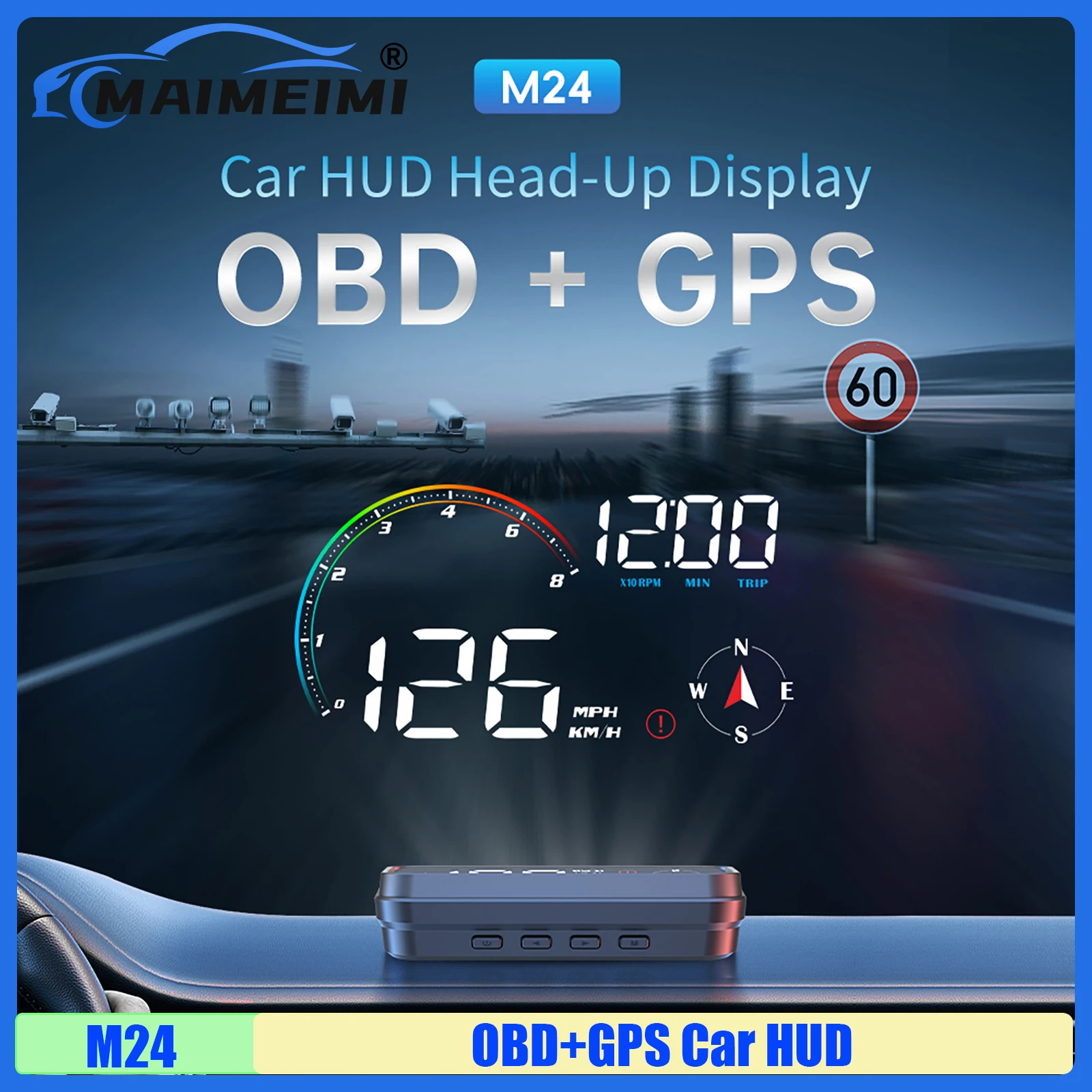 MAIMEIMI OBD+GPS Dual System Head Up Display M24 Car HUD Windshield Projector Speed RPM Water Temp Voltage Time Fuel Consumption