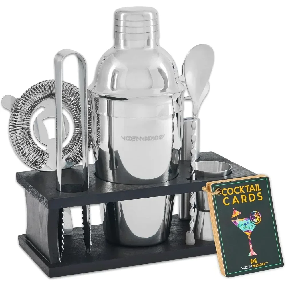 Bartender Kit 8 Piece Silver Cocktail Shaker Set with Black Wood Stand Recipe Cards and Bar Accessories Ideas