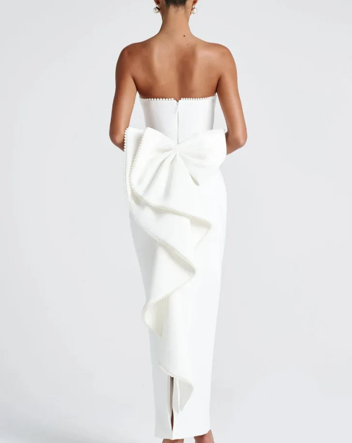 فستان أنيق للحفلات المسائية باللون الأبيض بدون حمالات بفيونكة من الخلف من الساتان غمد طول الكاحل للحفلات الراقصة فساتين رسمية مأدبة رداء السهرة