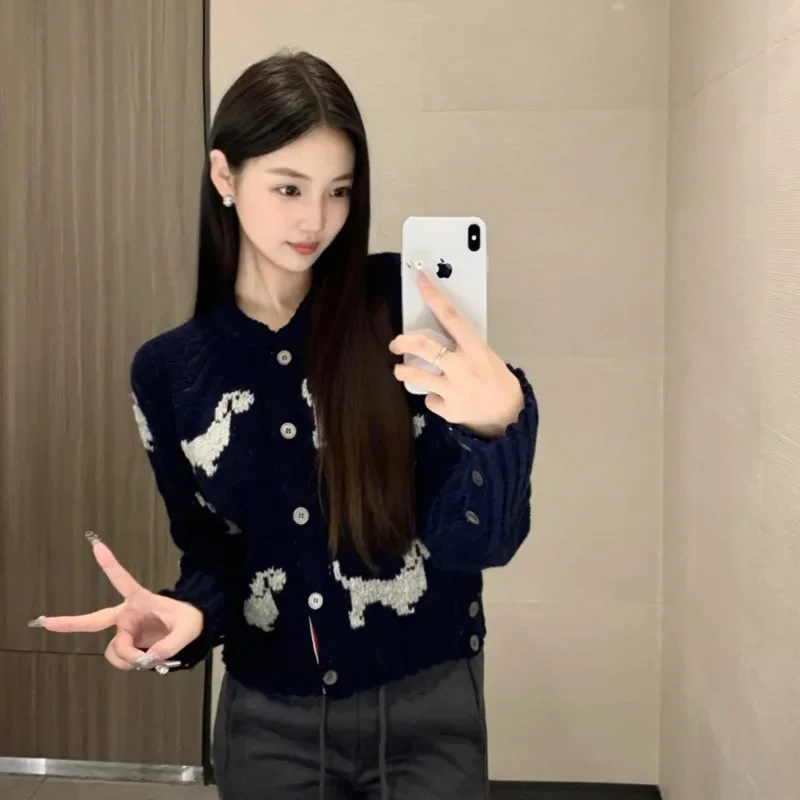 TB Little Dog Embroidered Cardigan 2024 Early Autumn Round Neck Wool Knitted Top Preppy Style Fashionable Stylish Sweater Jacket