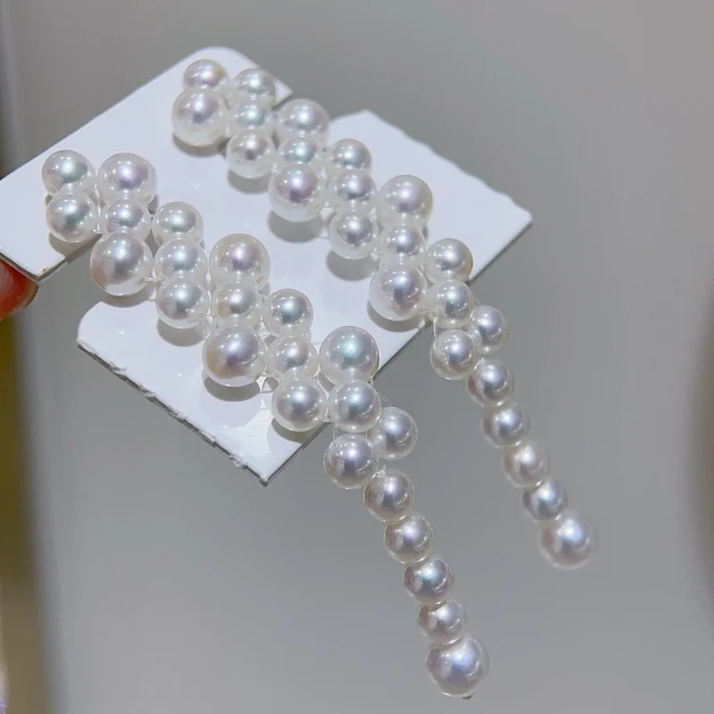 

SGARIT Genuine 18K Gold Stud Earrings Hand Woven Pearl Beaded Long Drop Earrings Trendy for Women Wedding Gifts Fine Jewelry