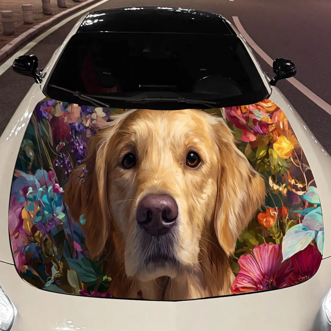 Adorable Flower - Framed Golden Retriever Car Hood Stickers - Self-Adhesive, Waterproof and Durable Vinyl Wrap, Decorate And Pro