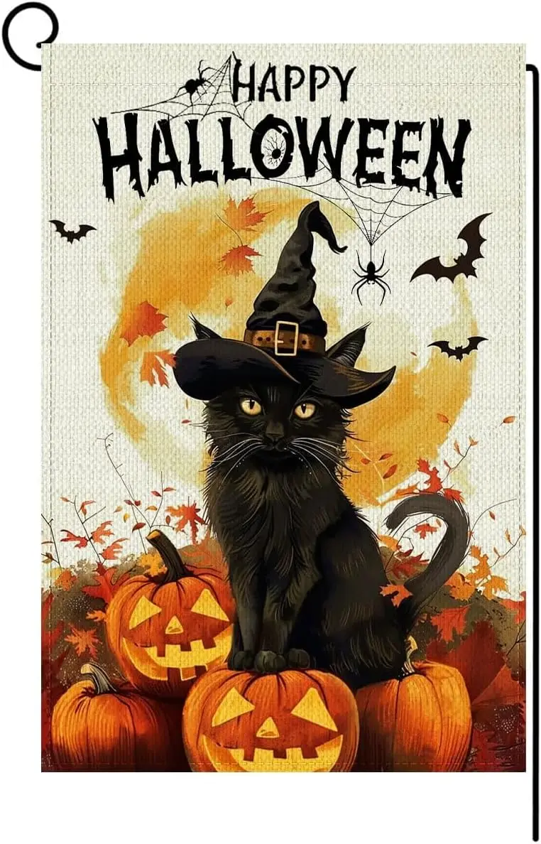 علم حديقة اليقطين للهالوين مزدوج الجوانب، علم ساحة الخيش للقطط السوداء للهالوين السعيد، ديكورات الهالوين الخارجية، Garde FFI