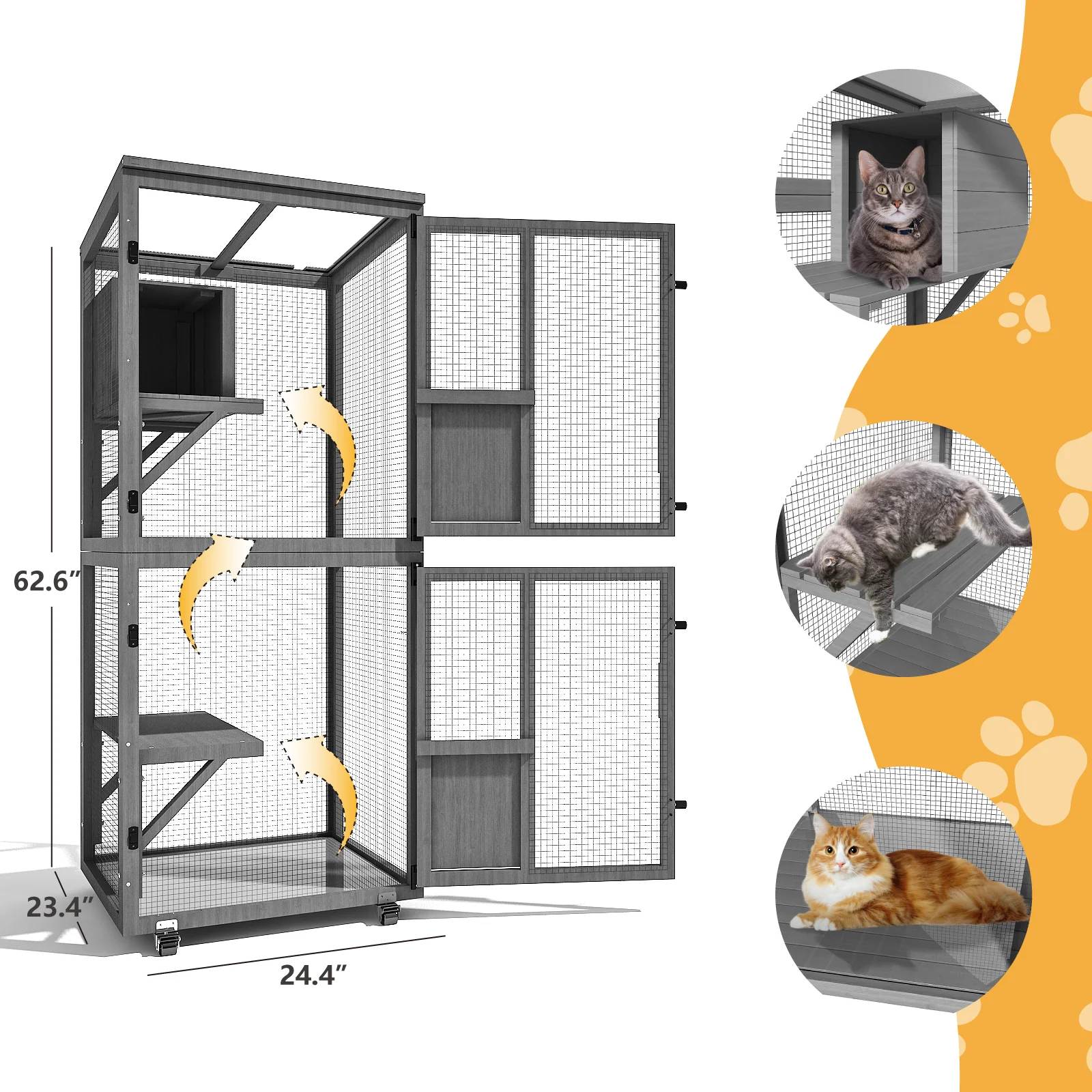 4-Tier Large Outdoor Cat Catio, Cat Enclosure with Wheels, Waterproof Roof, 4 Doors & Resting Box, Grey/Black
